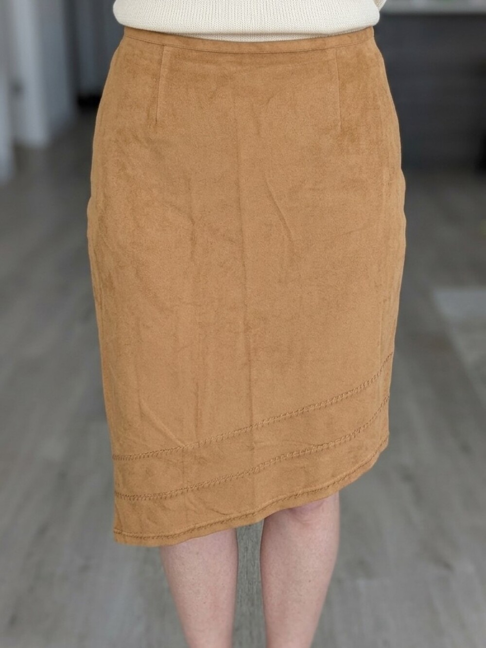 Bianca Nygard Camel Asymmetric Faux Suede Office Pencil Versatile Midi Skirt 8